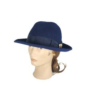 TORY BURCH Women's OS Blue 100% Wool Logo Fedora Hat
